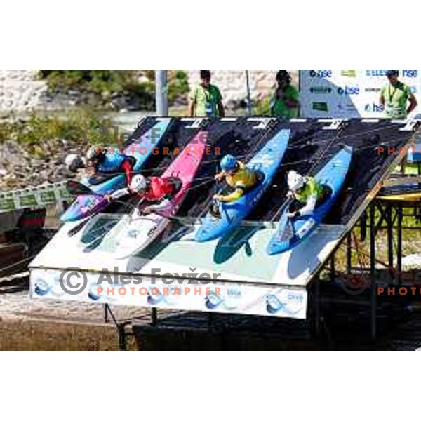 Jan Locnikar (SLO, green bib) in action during ICF World Cup Men’s Kayak-Cross race in Tacen, Ljubljana, Slovenia on August 31, 2025