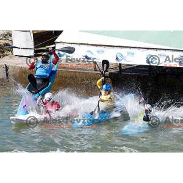in action during ICF World Cup Men’s Kayak-Cross race in Tacen, Ljubljana, Slovenia on August 31, 2025
