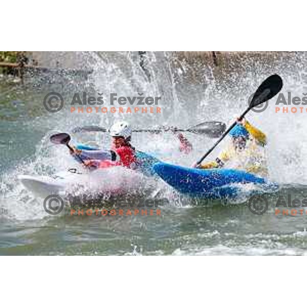in action during ICF World Cup Men’s Kayak-Cross race in Tacen, Ljubljana, Slovenia on August 31, 2025