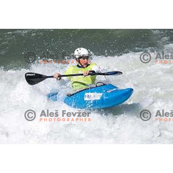 Jan Locnikar (SLO, green bib) in action during ICF World Cup Men’s Kayak-Cross race in Tacen, Ljubljana, Slovenia on August 31, 2025