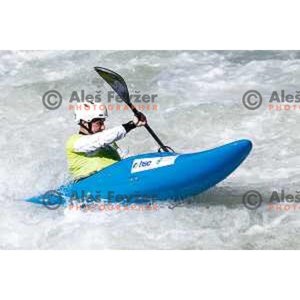 Jan Locnikar (SLO, green bib) in action during ICF World Cup Men’s Kayak-Cross race in Tacen, Ljubljana, Slovenia on August 31, 2025