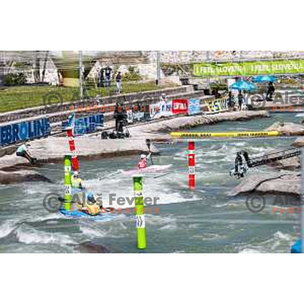 Jan Locnikar (SLO, green bib) in action during ICF World Cup Men’s Kayak-Cross race in Tacen, Ljubljana, Slovenia on August 31, 2025