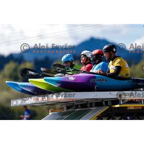 Ziga Lin Hocevar (red bib) in action during ICF World Cup Men’s Kayak-Cross race in Tacen, Ljubljana, Slovenia on August 31, 2025