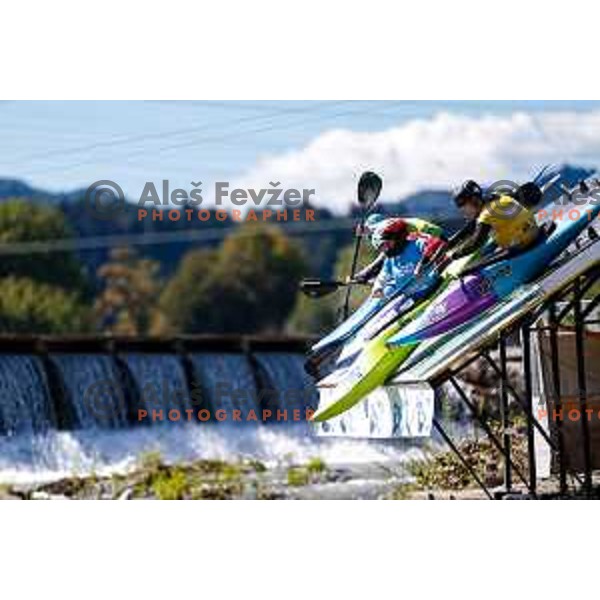 in action during ICF World Cup Men’s Kayak-Cross race in Tacen, Ljubljana, Slovenia on August 31, 2025