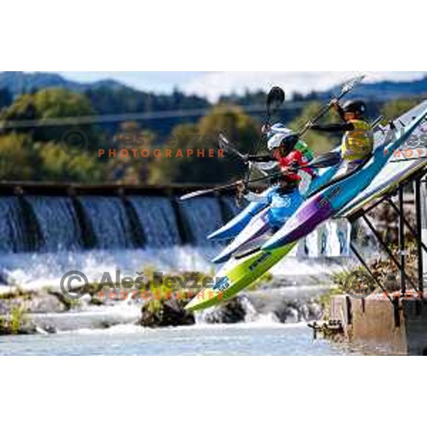 Ziga Lin Hocevar (red bib) in action during ICF World Cup Men’s Kayak-Cross race in Tacen, Ljubljana, Slovenia on August 31, 2025