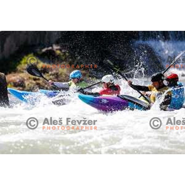 Ziga Lin Hocevar (red bib) in action during ICF World Cup Men’s Kayak-Cross race in Tacen, Ljubljana, Slovenia on August 31, 2025