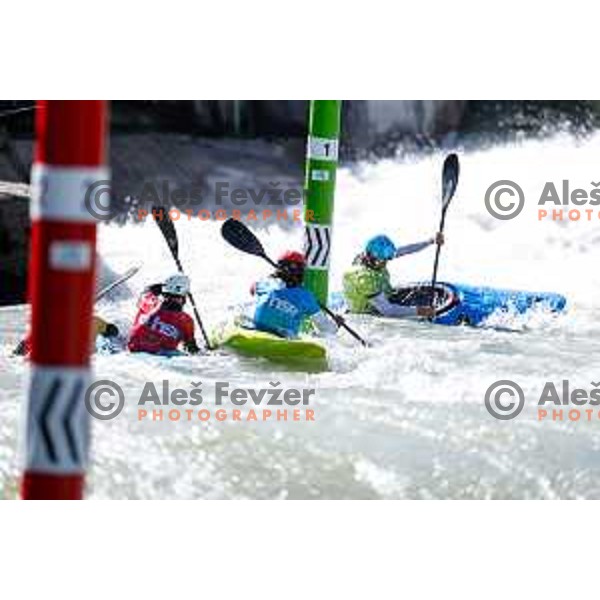 Ziga Lin Hocevar (red bib) in action during ICF World Cup Men’s Kayak-Cross race in Tacen, Ljubljana, Slovenia on August 31, 2025