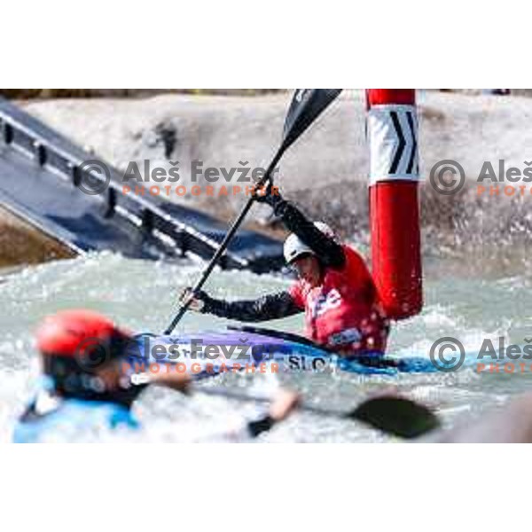 Ziga Lin Hocevar (red bib) in action during ICF World Cup Men’s Kayak-Cross race in Tacen, Ljubljana, Slovenia on August 31, 2025
