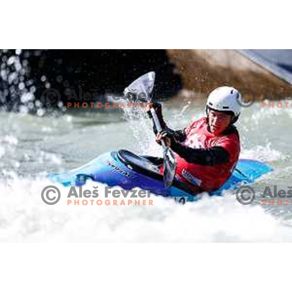 Ziga Lin Hocevar (red bib) in action during ICF World Cup Men’s Kayak-Cross race in Tacen, Ljubljana, Slovenia on August 31, 2025