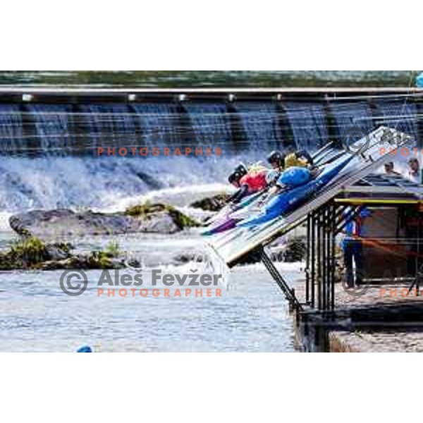 in action during ICF World Cup Men’s Kayak-Cross race in Tacen, Ljubljana, Slovenia on August 31, 2025