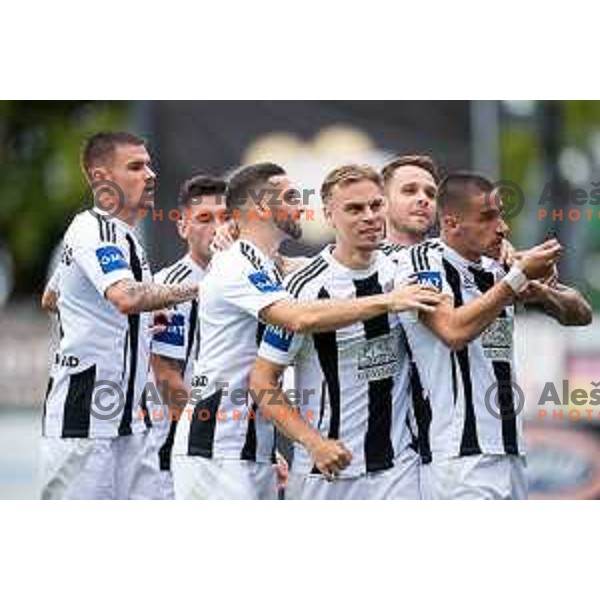 Luka Bobicanec, Nino Kouter, Aljaz Antolin and Dario Vizinger celebrate goal during Prva liga Telemach 2025/26 football match between Mura and Primorje in Fazanerija, Murska Sobota, Slovenia on August 31, 2025. Photo: Jure Banfi