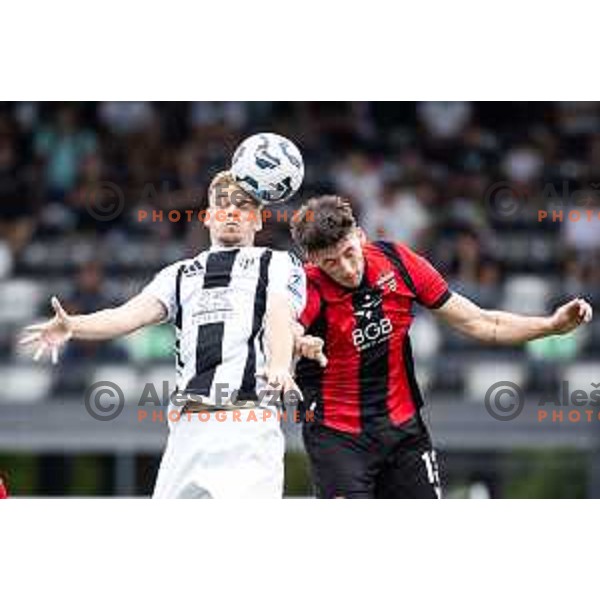 Aljaz Antolin vs Gasper Petek in action during Prva liga Telemach 2025/26 football match between Mura and Primorje in Fazanerija, Murska Sobota, Slovenia on August 31, 2025. Photo: Jure Banfi