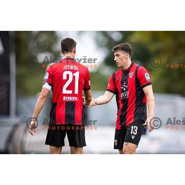 Nik Jermol and Gasper Petek in action during Prva liga Telemach 2025/26 football match between Mura and Primorje in Fazanerija, Murska Sobota, Slovenia on August 31, 2025. Photo: Jure Banfi