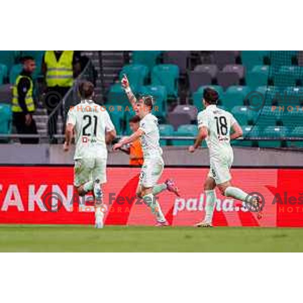 Jost Urbancic and players of Olimpija celebrate a goal during Prva liga Telemach 2025/2026 football match between Olimpija and Maribor in SRC Stozice, Ljubljana, Slovenia on August 31, 2025