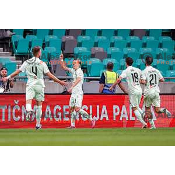 Jost Urbancic and players of Olimpija celebrate a goal during Prva liga Telemach 2025/2026 football match between Olimpija and Maribor in SRC Stozice, Ljubljana, Slovenia on August 31, 2025