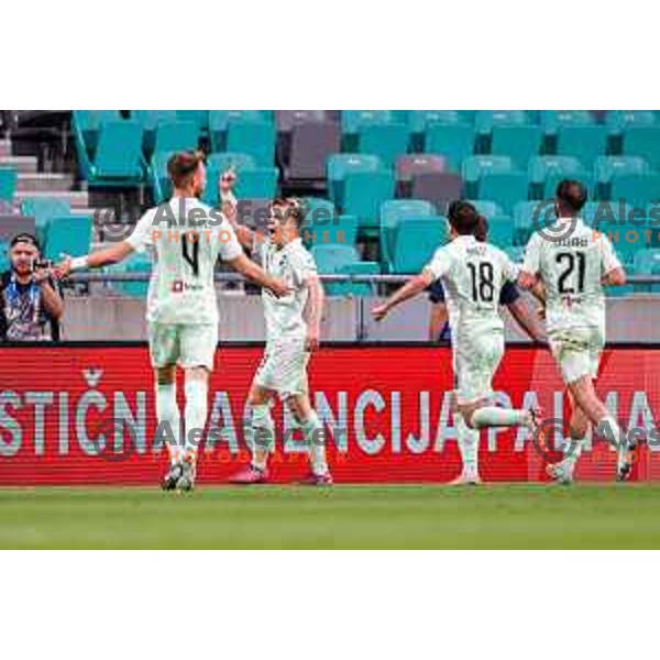 Jost Urbancic and players of Olimpija celebrate a goal during Prva liga Telemach 2025/2026 football match between Olimpija and Maribor in SRC Stozice, Ljubljana, Slovenia on August 31, 2025