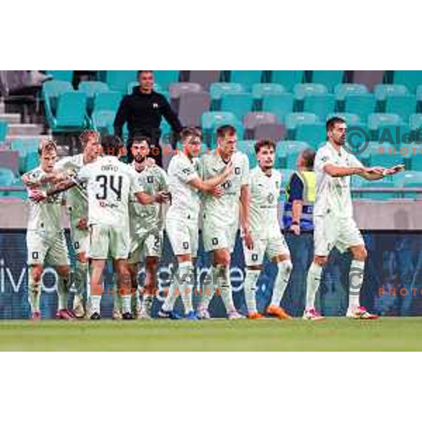 Jost Urbancic and players of Olimpija celebrate a goal during Prva liga Telemach 2025/2026 football match between Olimpija and Maribor in SRC Stozice, Ljubljana, Slovenia on August 31, 2025