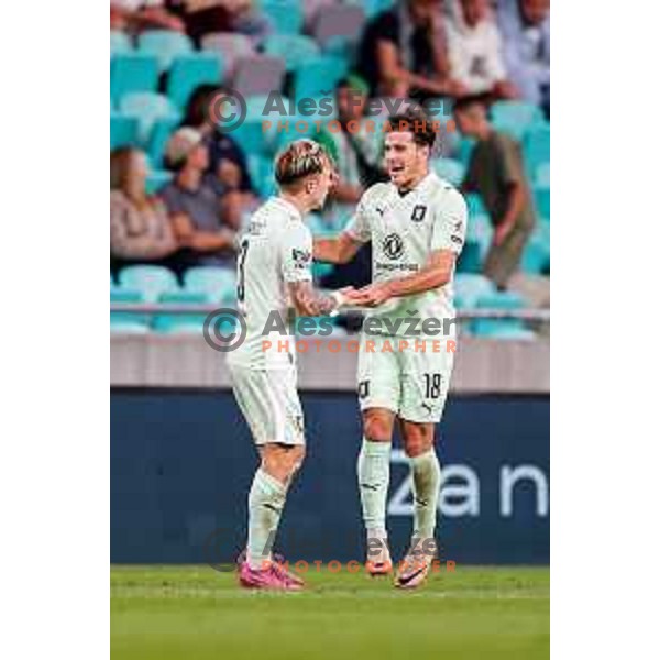 Jost Urbancic and Marko Brest of Olimpija celebrate a goal during Prva liga Telemach 2025/2026 football match between Olimpija and Maribor in SRC Stozice, Ljubljana, Slovenia on August 31, 2025