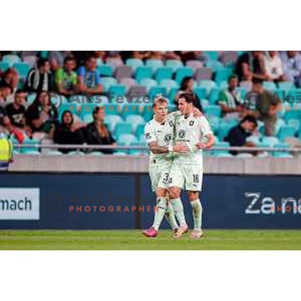 Jost Urbancic and Marko Brest of Olimpija celebrate a goal during Prva liga Telemach 2025/2026 football match between Olimpija and Maribor in SRC Stozice, Ljubljana, Slovenia on August 31, 2025