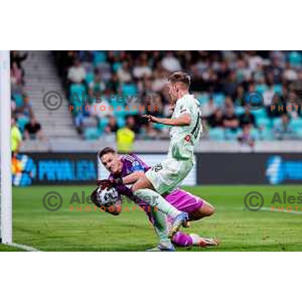 Azbe Jug and Ivan Durdov in action during Prva liga Telemach 2025/2026 football match between Olimpija and Maribor in SRC Stozice, Ljubljana, Slovenia on August 31, 2025