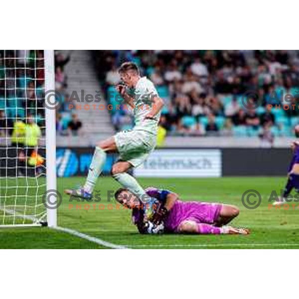 Azbe Jug and Ivan Durdov in action during Prva liga Telemach 2025/2026 football match between Olimpija and Maribor in SRC Stozice, Ljubljana, Slovenia on August 31, 2025