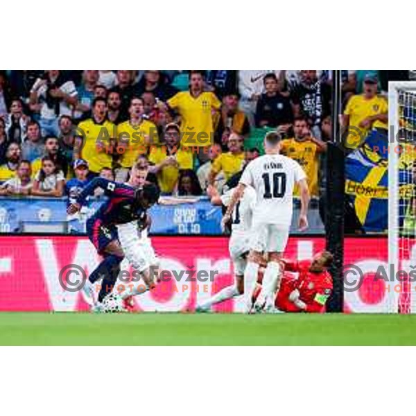 Anthony Elanga scores and celebrates a goal during FIFA World Cup 2026 Qualifying round match between Slovenia and Sweden at Stadium Stozice, Ljubljana, Slovenia on September 5, 2025