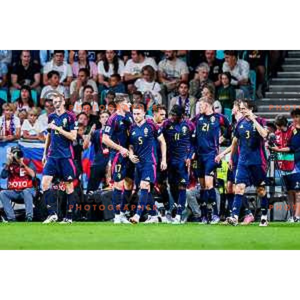 Anthony Elanga scores and celebrates a goal during FIFA World Cup 2026 Qualifying round match between Slovenia and Sweden at Stadium Stozice, Ljubljana, Slovenia on September 5, 2025