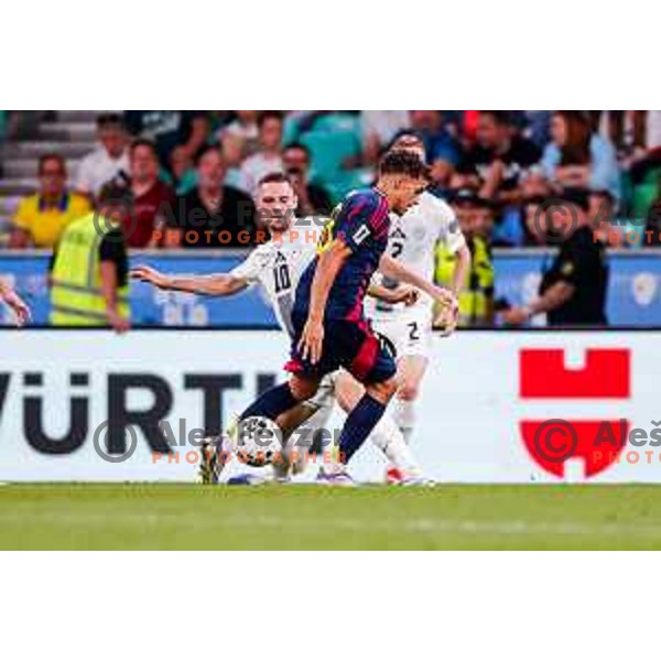 Timi Max Elsnik and Anthony Elanga in action during FIFA World Cup 2026 Qualifying round match between Slovenia and Sweden at Stadium Stozice, Ljubljana, Slovenia on September 5, 2025