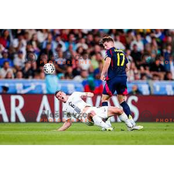 Jaka Bijol and Viktor Gyokeres in action during FIFA World Cup 2026 Qualifying round match between Slovenia and Sweden at Stadium Stozice, Ljubljana, Slovenia on September 5, 2025