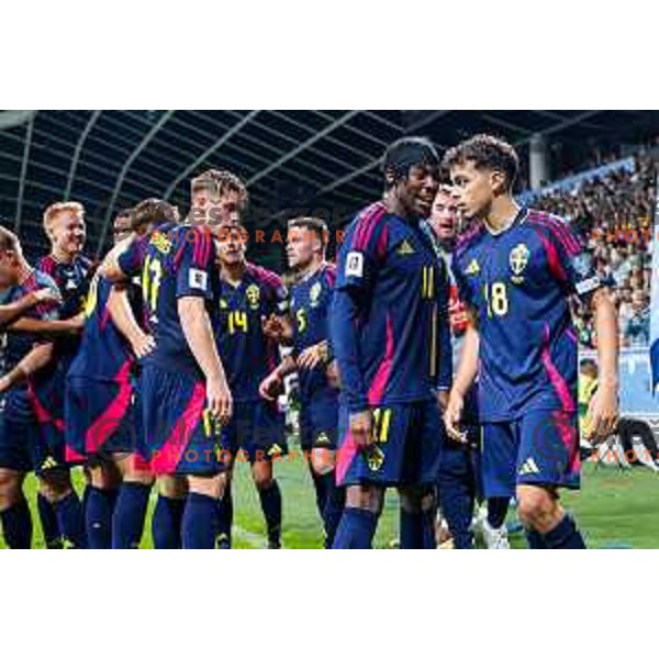 Yasin Ayari and players of Sweden celebrate a goal during FIFA World Cup 2026 Qualifying round match between Slovenia and Sweden at Stadium Stozice, Ljubljana, Slovenia on September 5, 2025