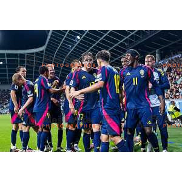 Yasin Ayari and players of Sweden celebrate a goal during FIFA World Cup 2026 Qualifying round match between Slovenia and Sweden at Stadium Stozice, Ljubljana, Slovenia on September 5, 2025