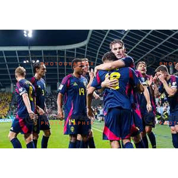 Yasin Ayari and players of Sweden celebrate a goal during FIFA World Cup 2026 Qualifying round match between Slovenia and Sweden at Stadium Stozice, Ljubljana, Slovenia on September 5, 2025