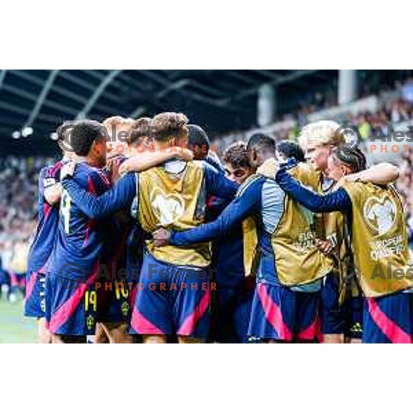 Yasin Ayari and players of Sweden celebrate a goal during FIFA World Cup 2026 Qualifying round match between Slovenia and Sweden at Stadium Stozice, Ljubljana, Slovenia on September 5, 2025