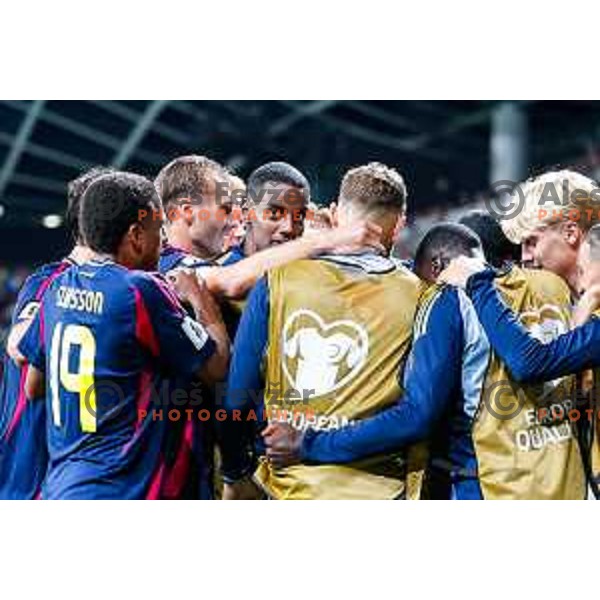 Yasin Ayari and players of Sweden celebrate a goal during FIFA World Cup 2026 Qualifying round match between Slovenia and Sweden at Stadium Stozice, Ljubljana, Slovenia on September 5, 2025