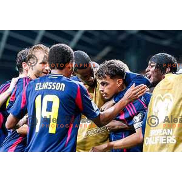 Yasin Ayari and players of Sweden celebrate a goal during FIFA World Cup 2026 Qualifying round match between Slovenia and Sweden at Stadium Stozice, Ljubljana, Slovenia on September 5, 2025