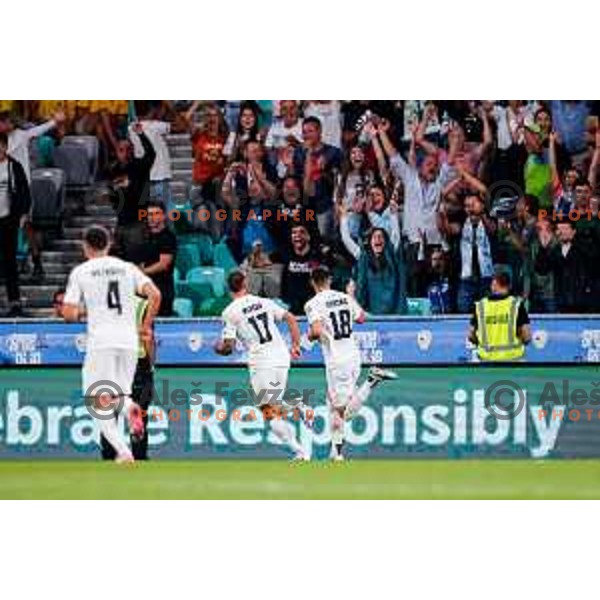 Zan Vipotnik and players of Slovenia celebrate a goal during FIFA World Cup 2026 Qualifying round match between Slovenia and Sweden at Stadium Stozice, Ljubljana, Slovenia on September 5, 2025