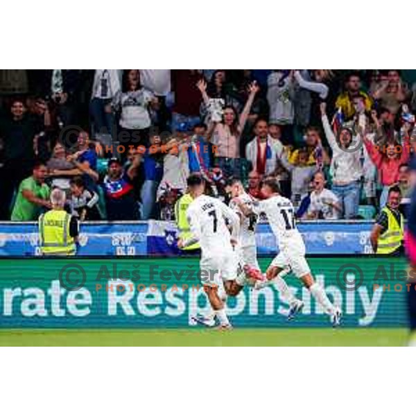 Zan Vipotnik and players of Slovenia celebrate a goal during FIFA World Cup 2026 Qualifying round match between Slovenia and Sweden at Stadium Stozice, Ljubljana, Slovenia on September 5, 2025