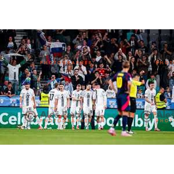 Zan Vipotnik and players of Slovenia celebrate a goal during FIFA World Cup 2026 Qualifying round match between Slovenia and Sweden at Stadium Stozice, Ljubljana, Slovenia on September 5, 2025