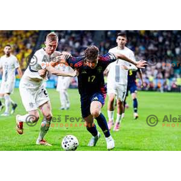 Zan Karnicnik and Viktor Gyokeres in action during FIFA World Cup 2026 Qualifying round match between Slovenia and Sweden at Stadium Stozice, Ljubljana, Slovenia on September 5, 2025