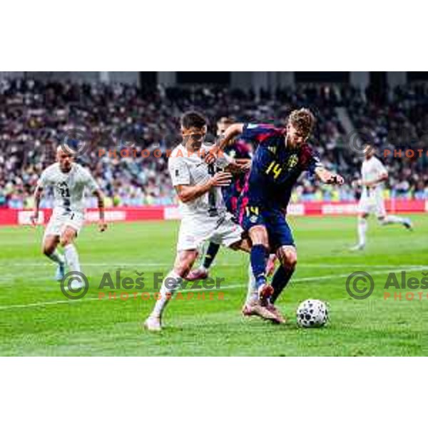 Dejan Petrovic and Anton Saletros in action during FIFA World Cup 2026 Qualifying round match between Slovenia and Sweden at Stadium Stozice, Ljubljana, Slovenia on September 5, 2025