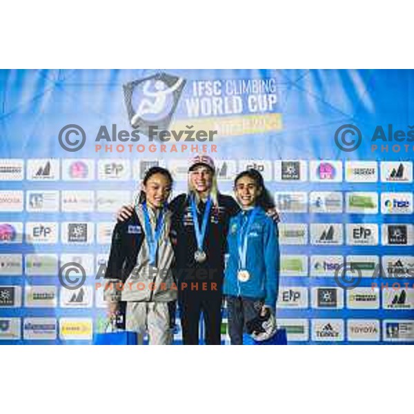 Seo Chaehyun of South Korea, Janja Garnbret and Laura Rogora of Italy during IFSC climbing World Cup competiton in Koper, Slovenia on September 6, 2025. Photo: Grega Valancic
