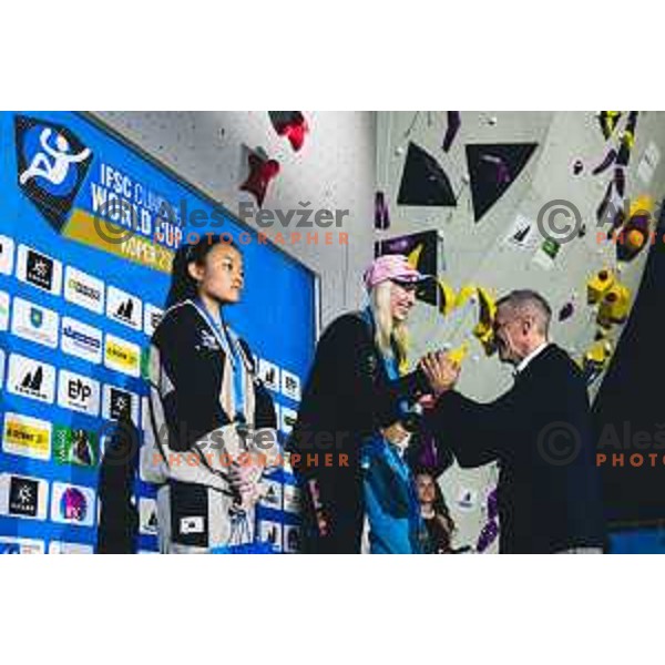 Janja Garnbret during medal ceremony after IFSC climbing World Cup competiton in Koper, Slovenia on September 6, 2025. Photo: Grega Valancic