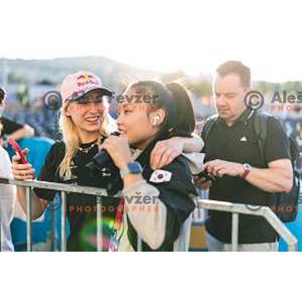 Janja Garnbret and Chaehyun Seo of South Korea during IFSC climbing World Cup competiton in Koper, Slovenia on September 6, 2025. Photo: Grega Valancic