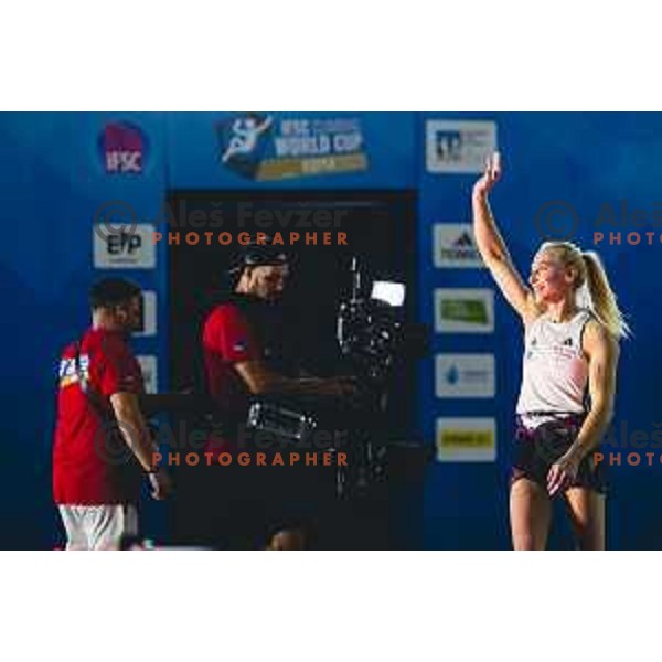Janja Garnbret in action during IFSC climbing World Cup competiton in Koper, Slovenia on September 6, 2025. Photo: Grega Valancic