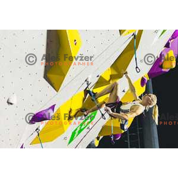 Janja Garnbret in action during IFSC climbing World Cup competiton in Koper, Slovenia on September 6, 2025. Photo: Grega Valancic