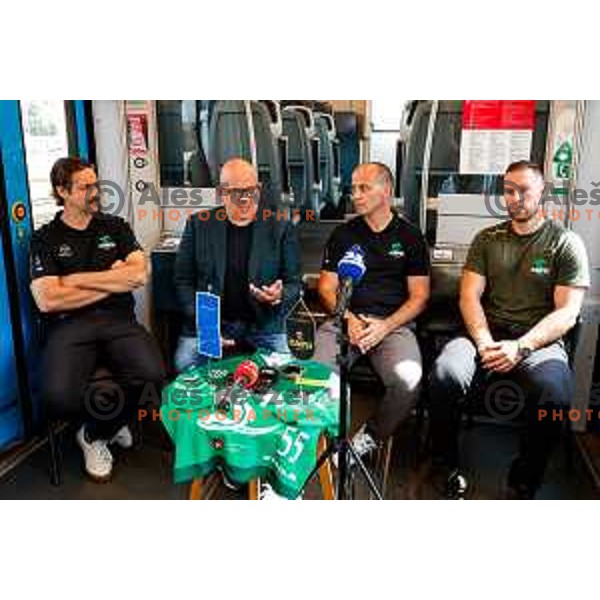 Ben Cooper, Miha Butara, president of HK SZ Olimpija, Anze Ulcar, Robert Sabolic during press conference at Track 91 of Ljubljana Railway Station, Slovenia on September 9, 2025