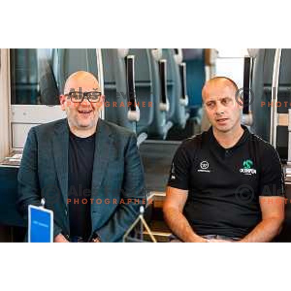 Miha Butara, president of HK SZ Olimpija and Anze Ulcar during press conference at Track 91 of Ljubljana Railway Station, Slovenia on September 9, 2025
