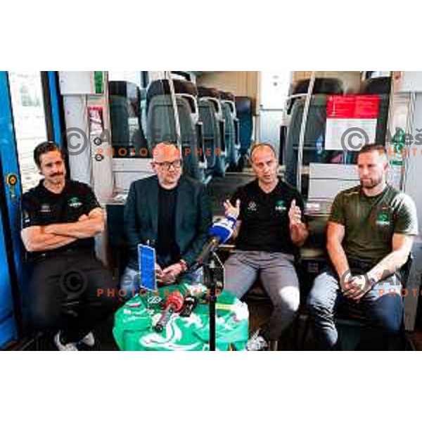 Ben Cooper, Miha Butara, president of HK SZ Olimpija, Anze Ulcar, Robert Sabolic during press conference at Track 91 of Ljubljana Railway Station, Slovenia on September 9, 2025