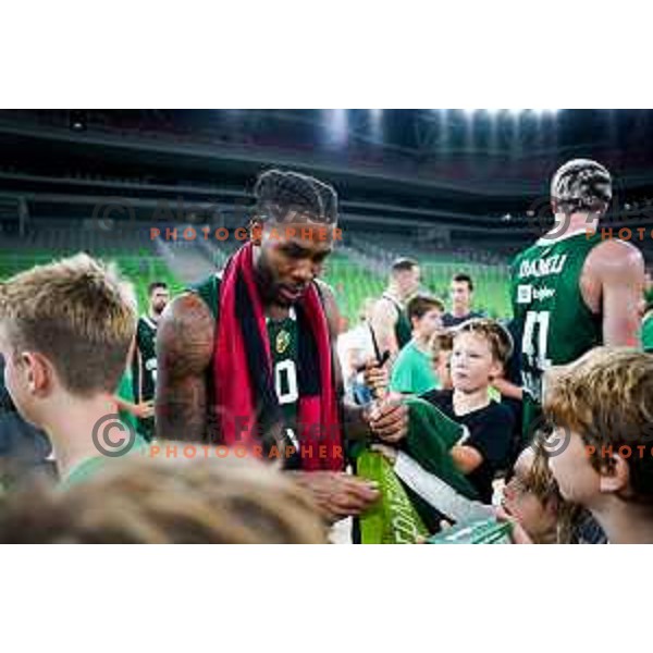 DJ Stewart of Cedevita Olimpija with fans after preseason friendly match between Cedevita Olimpija and Cedevita Zagreb in Ljubljana, Slovenia on September 12, 2025. Photo: Filip Barbalic