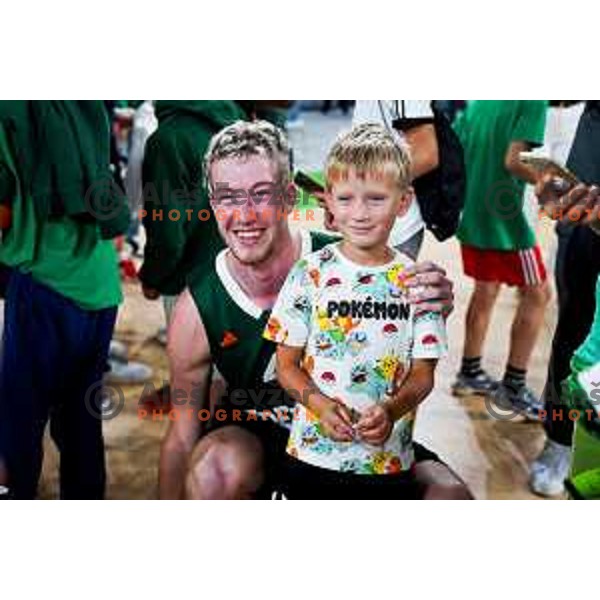 Ziga Daneu of Cedevita Olimpija with fans after preseason friendly match between Cedevita Olimpija and Cedevita Zagreb in Ljubljana, Slovenia on September 12, 2025. Photo: Filip Barbalic
